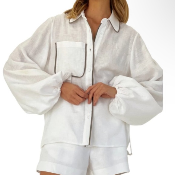 NWT Commense Linen Blend Contrast Trim TOP - Picture 4 of 7